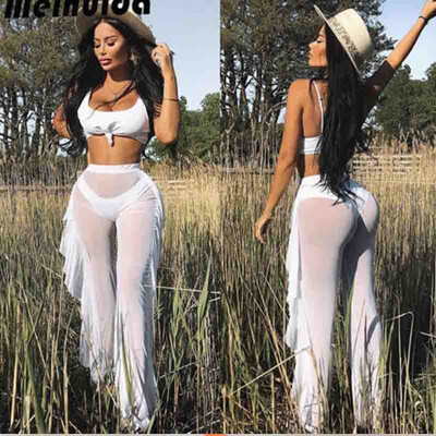 

Women Lace See Through High Waist Flared Trouser Beach Summer Holiday Mesh Pants