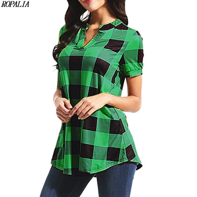 

Womens V Neck Plaid Print Short Sleeve Loose T-Shirt