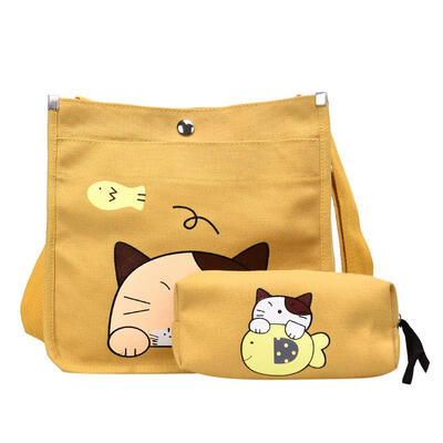 

2pcsset Women Canvas Cartoon Cat Print Shoulder Crossbody Handbags Pen Bag