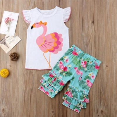 

Toddler Kids Girls Flamingo Blouse TopsRuffle Floral Half Pant 2Pcs Outfits Set