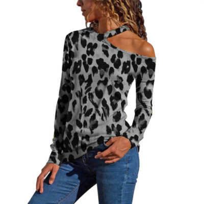 

Womens Sexy Single Shoulder Long Sleeve Leopard Printed Slim Fit T-shirt Tops