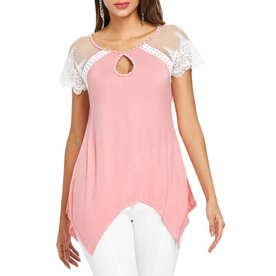 

Keyhole Lace Insert Handkerchief Women T-shirt