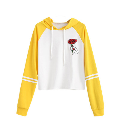 

Nomeni Women Patchwork Embroidery Long Sleeve Hooded T -Shirt O-Neck Loose Blouse Tops