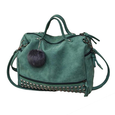 

Women Solid Color Pompom Pendant Studded Faux Leather Tote Crossbody Sling Bag