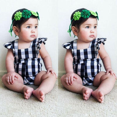 

USA Newborn Baby Girl Plaid Romper Bodysuit Jumpsuit Headband Outfit Clothes