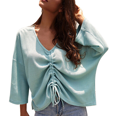 

V-Neck Lady Fashion Sweater Pullover Women Long Sleeve Autumn Sexy Drawstring Sweaters Solid Color Loose Jumper Clothes