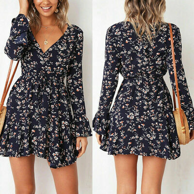 

Women Floral Print Short Sleeve Loose Mini Dress Ladies Summer Long V-Neck Shirt Dress Holiday Party Beach Tops