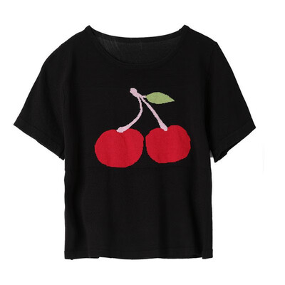 

Summer T-Shirts Women Short Sleeve Cherry Print Tops Shirts Ladies Stretch Casual Solid Color female T-Shirts