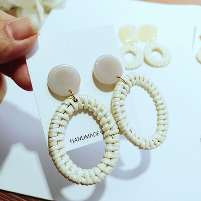 

Handmade Wooden Straw Weave Rattan Vine Braid Geometric Big Circle Square Long Drop Earrings For Women