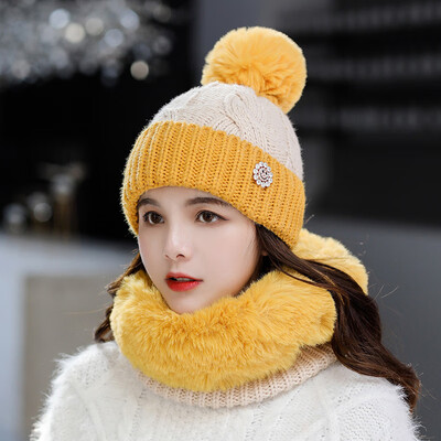 

Ms 2019 knitted pullover cap warm smile matching color scarf students Baotou cap scarf two-piece tide