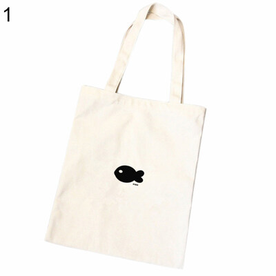 

Fashion Letter Print Cartoon Fish Canvas Shopping Bag Large Capacity Casual Tote
