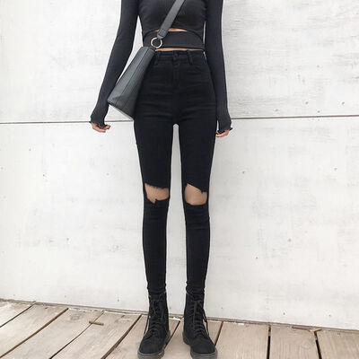 

Autumn Women Fashion Hole Jeans Skinny High Waist Jeans Solid Color Casual Woman Denim Pencil Pants