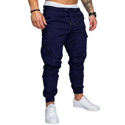 

New Fashion Slim Solid Color Pocket Decoration Men Casual Pencil Drawstring Pants Trousers Designer Joggers
