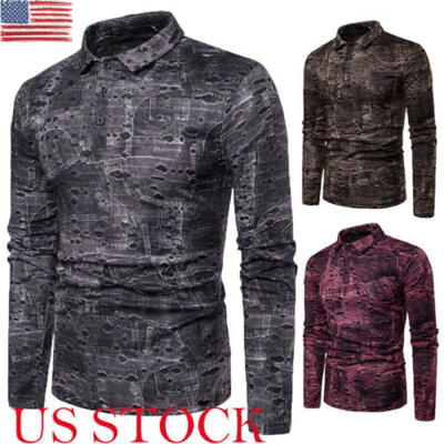 

US Mens Ripped Long Sleeve Shirts Casual Slim Fit Pullover Button Blouse T shirt
