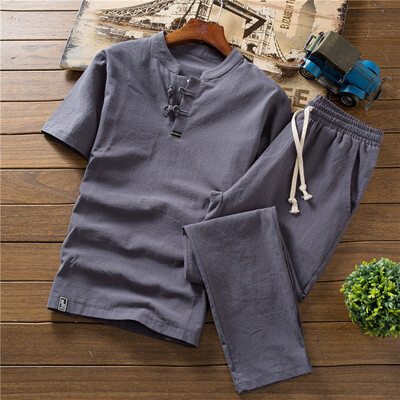 

Toponeto Summer Fashion Mens Cotton And Linen Short Sleeve Shorts Set Suit Tracksuit