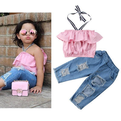 

Fashion Girls Kids Toddler Halter Tops Ripped jeans 2Pcs Outfits Set Clothes 1-6Y