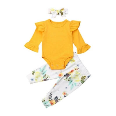 

Baby Girls Cute Flared Sleeve Solid Color Romper Jumpsuit Bodysuit TopsFloral Long Leggings Pants Headband 3Pcs Outfit Set