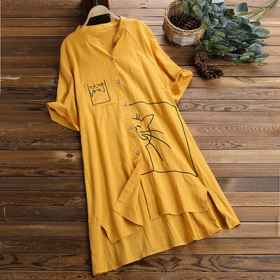 

Nomeni Women Plus Size Loose Linen Swing Vintage V-Neck Pocket Print Tops Shirt Blouse