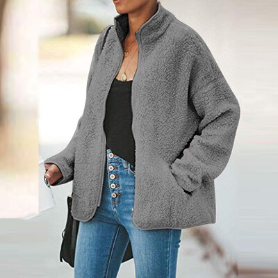 Tailored Womens Oversized Jacket Zip Up Fuzzy Fleece Winter Coat Pockets Baggy Outwear