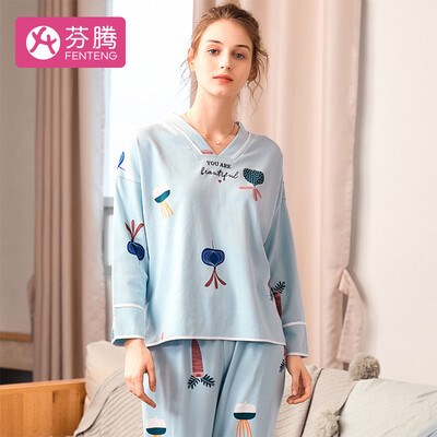 

Fen Teng home service female long-sleeved cardigan fun pattern pajamas lapel set J980A11820 light powder - 2