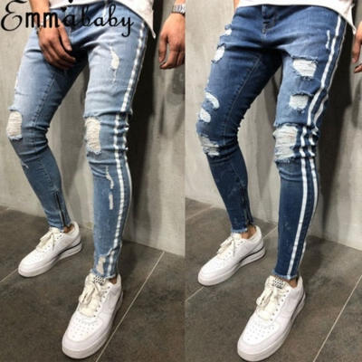 

UK Fashion Men&39s Ripped Skinny Biker Jeans Destroyed Frayed Slim Fit Denim Pants