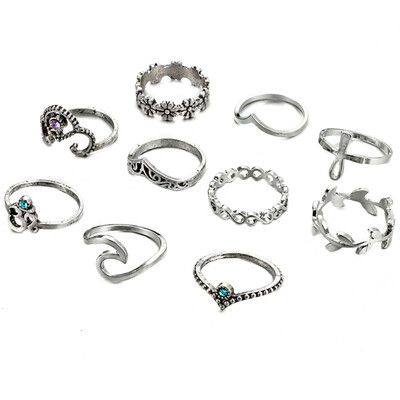 

10PcsSet Bohemian Ring Vintage Rings Leaves Twisted Flower Cross Ring For 2019 Fashion