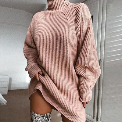 

Autumn Winter Women Fashion Casual Solid Color Sweater Dress Long Sleeve Stand Collar Turtleneck Loose