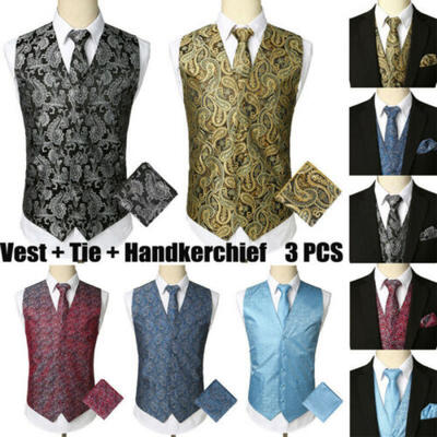 

Men Waistcoat Paisley Dress Vest Neck Tie Hankie Set Wedding Prom Tuxedo Suit US