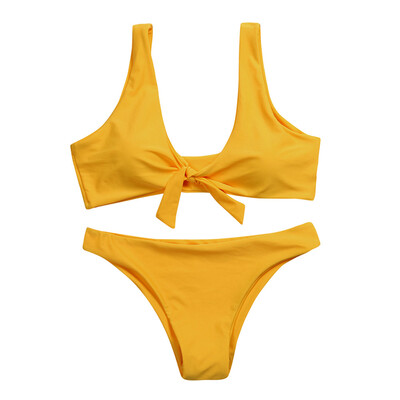 

Roseonmyhand Women Knotted Padded Thong Bikini Mid Waisted Scoop Swimsuit Beach Swimwear