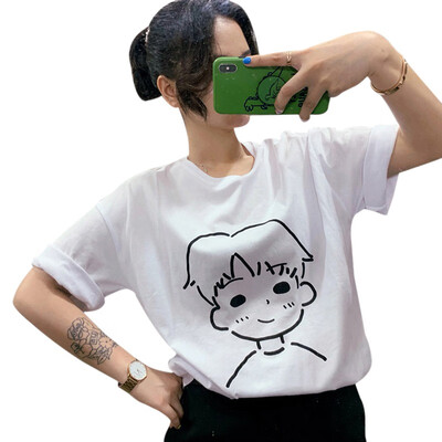 

Korean Couple T Shirt Simple Character Printed Half-sleeved T-shirt Women Student O Neck Casual Loose Tshirt Clothe