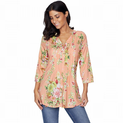 

V-neck half-sleeve button floral print shirt casual loose top