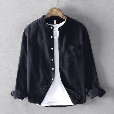 

New Oxford spinning collarless mens shirt mens casual standing collar four season long sleeve shirt