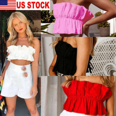 

US Women Summer Sleeveless Crop Tank Tops Vest Shirt Blouse Ruffle Beach Clothes
