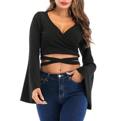 

Chic Women T-Shirt Long Trumpet Sleeve Sexy Lace-Up V-Neck Spring Crop Tops