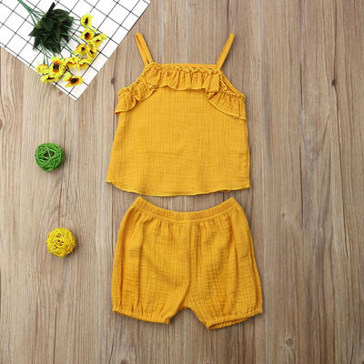 

Toddler Baby Girls Ruffle Solid Vest TopsShorts Pants 2PCS Outfits Clothes