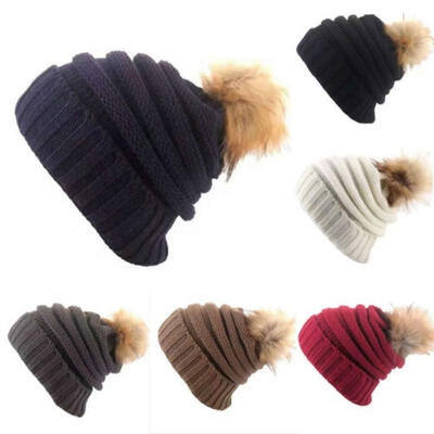 

Women Winter Warm Cashmere Wool Knitted Real Fur Pom Ball Beanie Hat