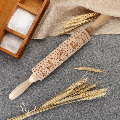 

Toponeto Christmas Rolling Pin Engraved Carved Wood Embossed Rolling Pin Kitchen Tool