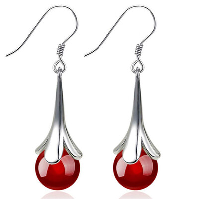 

Fashion Trumpet Flower Faux Moonstone Long Dangle Women Hook Earrings Jewelry