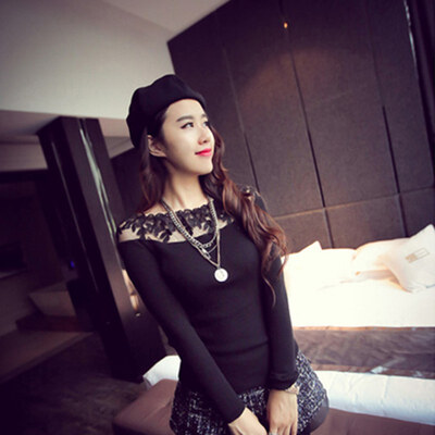 

Sexy Lace Neck Simple T Shirt Women Stripe Tees Plain Cotton Long Sleeve T-shirt Female Tops