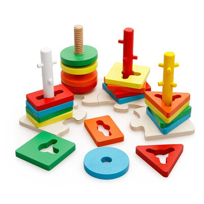 

YIWULA4 Columns Geometric Building Blocks Kids Children Wooden Toy Educational Toys