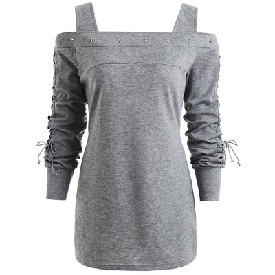 

Rivet Cold Shoulder Lace-up Long Sleeve T-shirt
