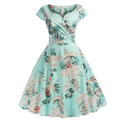 

Vintage Hepburn Style Flower Print Dress Women V-neck Tunic Swing Dresses