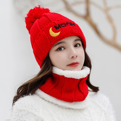 

Autumnwinter hat neck two-piece set of ladies plus velvet warm hair ball hat sweet cute knitted sleeve head ear guard hat