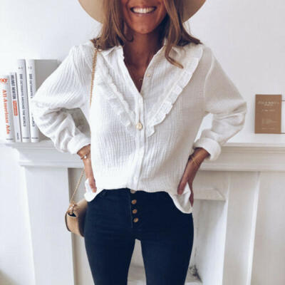 

Fashion Womens V Neck Long Sleeve Floral Loose Top Casual Plain Tee Shirt Blouse