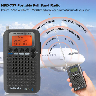 

HanRongDa HRD-737 Portable Full Band Radio Aircraft Band Receiver FMAMSW CBAirVHF World Band with LCD Display Alarm Clock