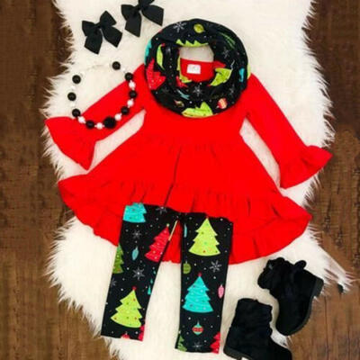 

UK Toddler Kids Baby Girl Christmas Ruffle Dress Tops Pants Scarf Outfit Clothes