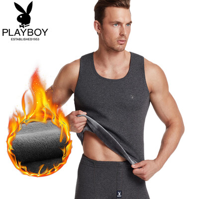 

Playboy warm vest men thickening plus velvet bottoming round neck autumn&winter shirt youth middle&old aged cotton vest men deep gray ash