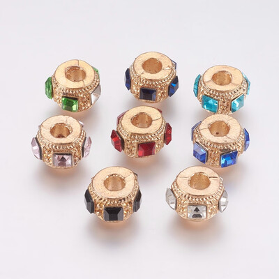 

Alloy European Beads Large Hole Beads with Rhinestone Rondelle Light Gold 13x9mm Hole 4mm