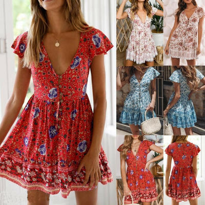 

Summer Fashion Women Floral Printed Straps Party Evening Beach Boho Mini Dress Sundress