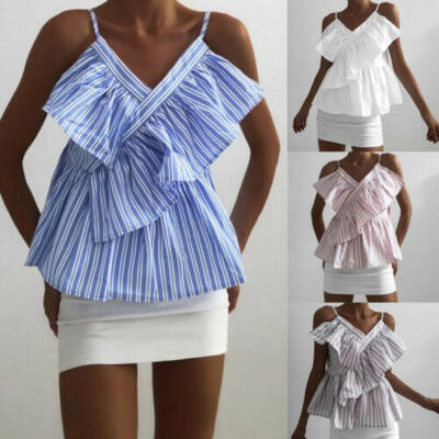 

US Womens V Neck Sling Striped Shirt Top Sleeveless Summer Ruffled Frill Blouse